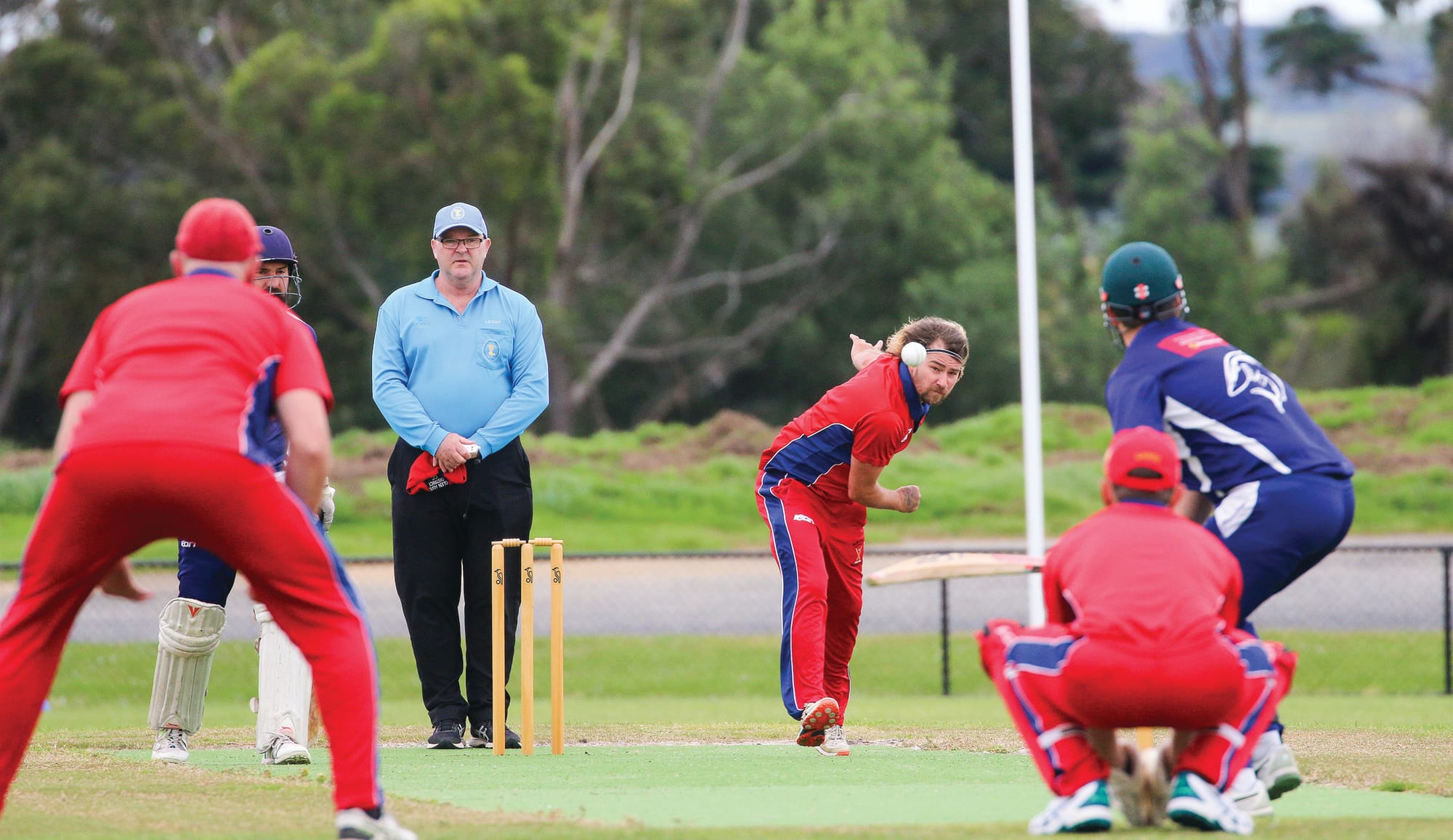 Glen Alvie’s Nathan Findlay sends one down to the Kilcunda-Bass batsman in the A2 match.