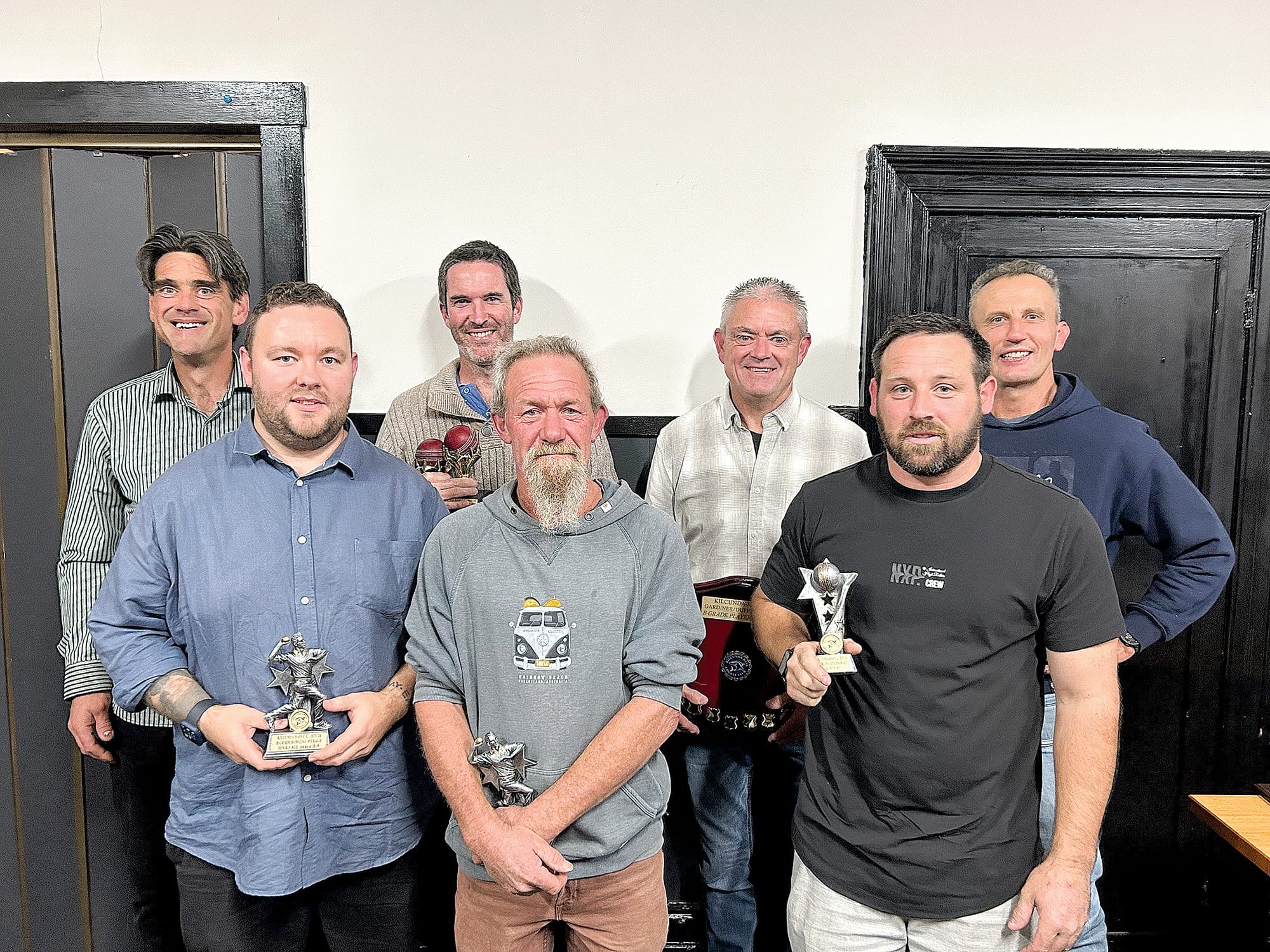 B Grade award winners. Back row: Brett Joseph (Batting Aggregate), Al McBride (5 wickets in one innings and LDCA B2 Team of the Year), Ray Gardiner (Gardiner-Duff Trophy), James Mahood (Batting average). Front row: Ben Rookes (Bowling Average and LDCA B2 Team of the Year), Rohan Duff (Most Wickets and LDCA B2 Team of the Year), Al Bedford (Captains Award).