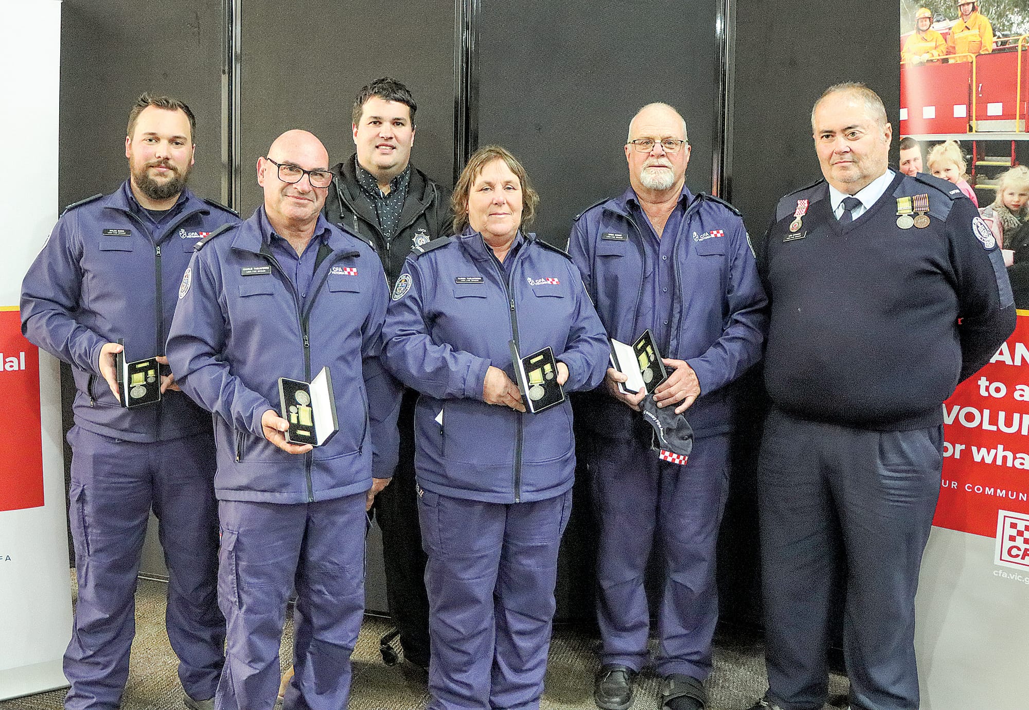 Dylan Baido, Charlie Tagliaferro, Jay Pepperell, Alison Tagliaferro, Greg Hodge and Len Wyhoon of Loch Fire Brigade. (Medals were also collected on behalf of Barry McGann and Michael Wyhoon) A22_1623