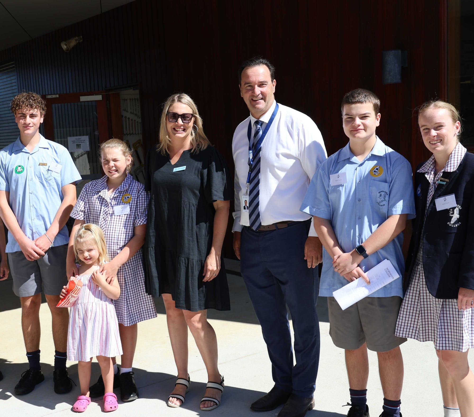 Among those attending open day at Newhaven College last Saturday were, from left, Tom Bird, Ruby, Archie and Sarah Pedersen, principal Tony Corr, William Bar Bar and Heide Driscoll.