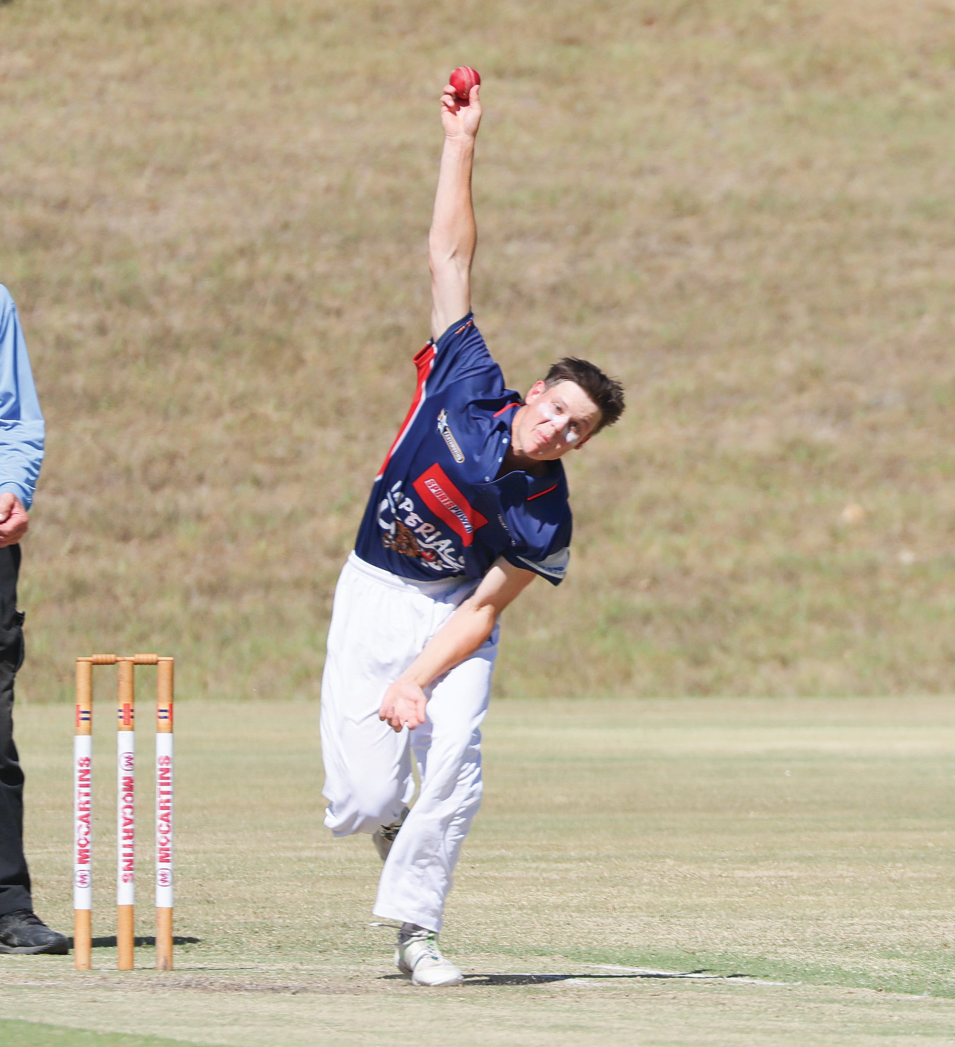 Imperials/Nerrena Captain Klayton&nbsp;McGrath fires one down the pitch, continuing an impressive display, finishing with 3/17. W20_1025