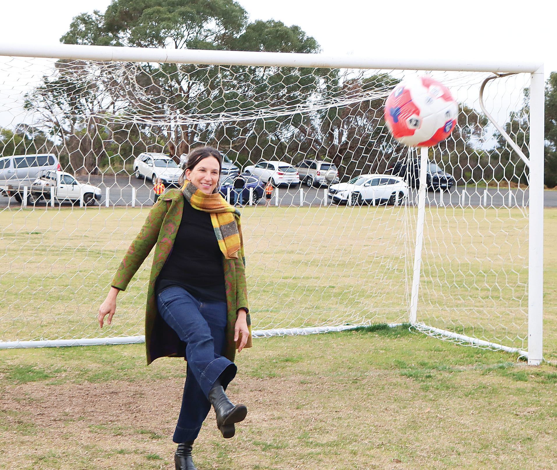Member for Bass Jordan Crugnale relives her days as a goalkeeper for the Inverloch Stars, having delivered great news to her old club and the Inverloch Cricket Club. A16_2725