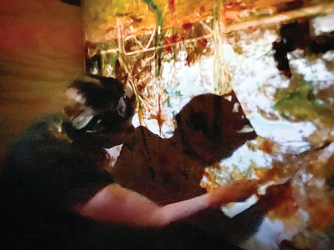 Using her homemade transportable camera obscura Karen worked in the dark drawing and painting the images projected inside.