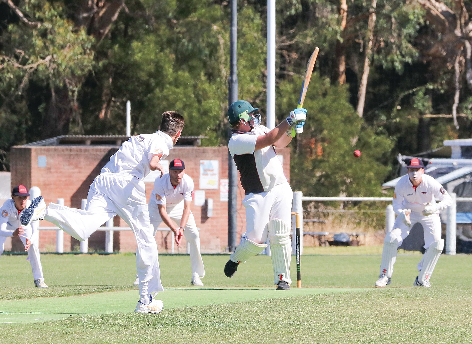 MDU batsman Zak Bright attempts to take on a fastball from star Inverloch bowler Lewis Rankin. Bright finished with seven runs. W16_1025