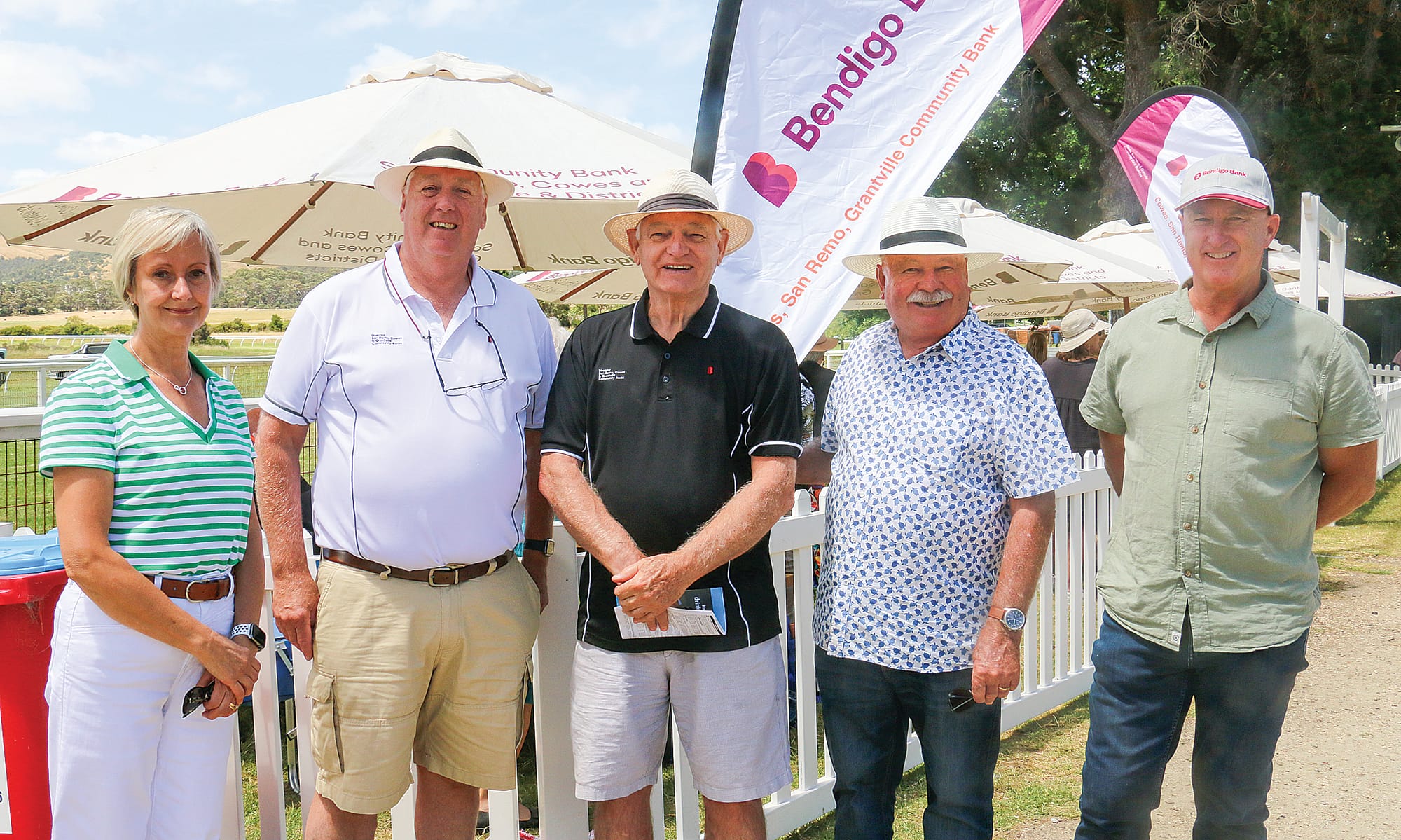 Gloris Willoughby, Bendigo Bank chair Kelvin Simpson, Peter Paul, John Matthews and Luke Hill sponsored the Bendigo Bank Christmas Party Race Day at the Woolamai and District Racing Club on Saturday.