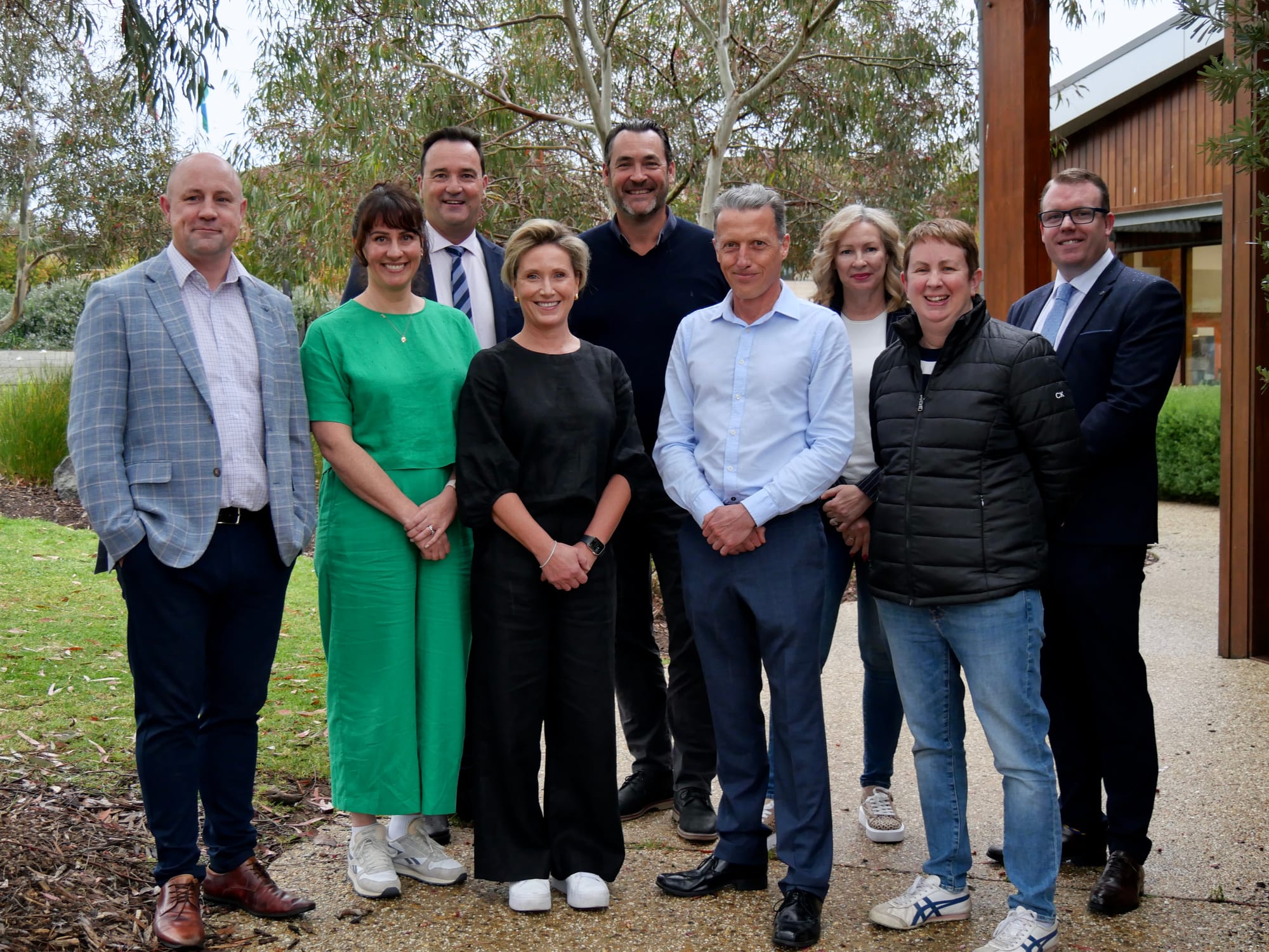 Newhaven College Board of Directors 2024. L-R Board Members Damien McKenna, Rebecca Naughtin, Tony Corr (Principal), Megan White (Deputy Chair), Steve Morris, David Jobe (Chair), Kylie Holmes, Tracey Costello, Alan Norton (Director of Business). Absent: Graham MacGregor. 
