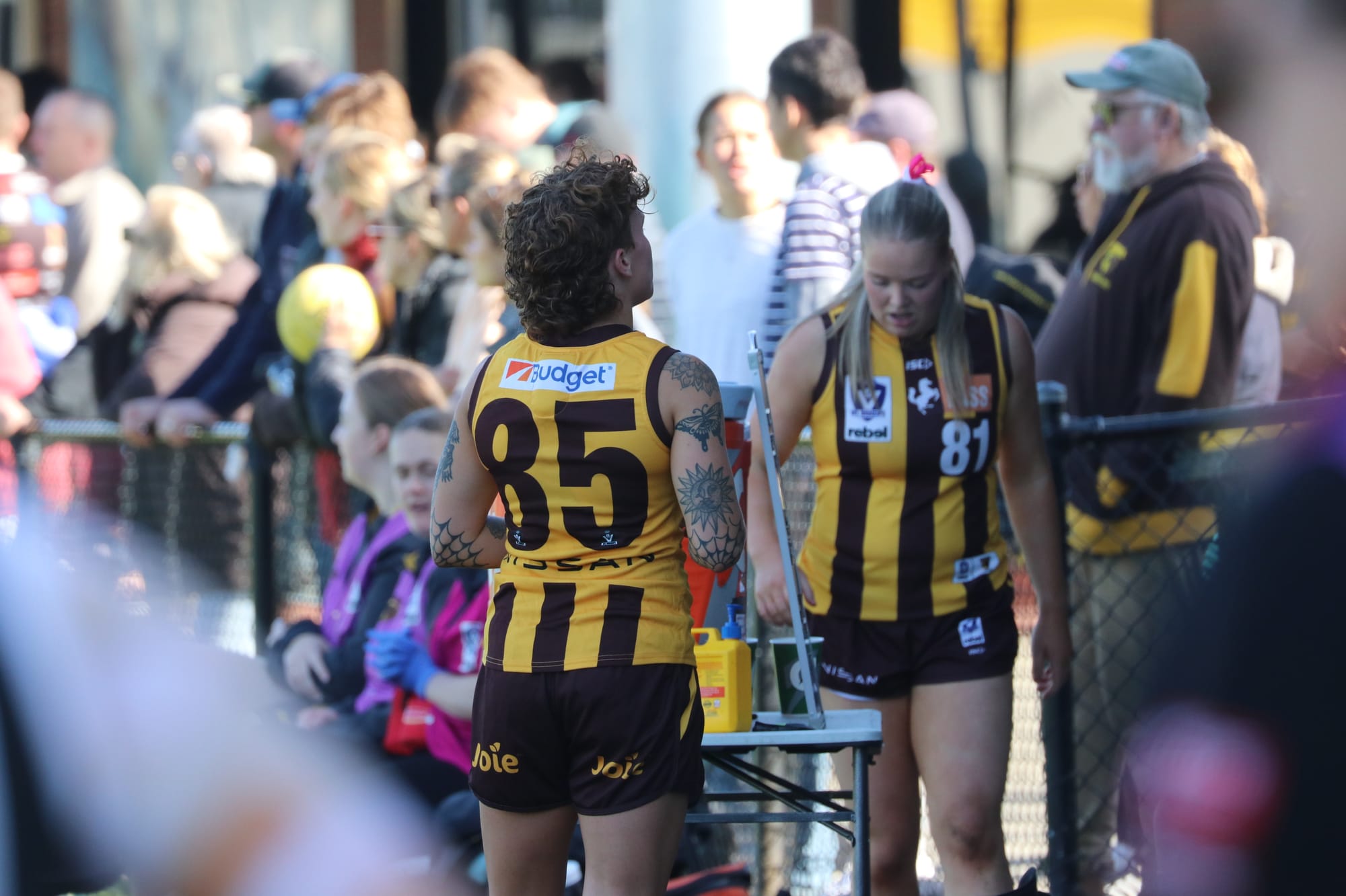 AFLW Hawks midfielder Tilly Lucas-Rodd and VFLW Lily Carlin at the Bass Coast round against the Saints. 