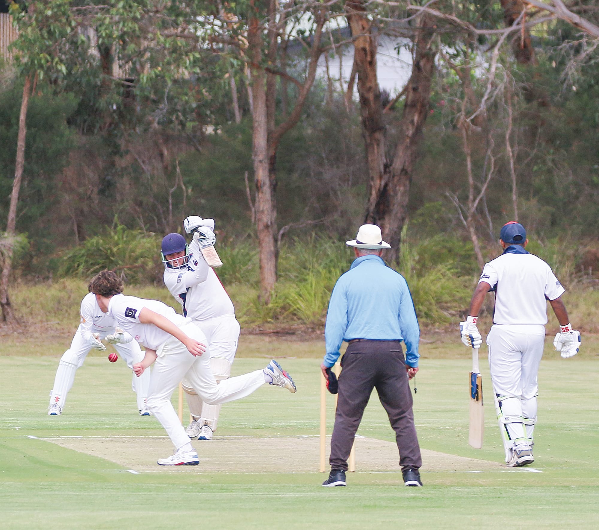 Mitch McGrath, MDU batter responds to Lewis Rankins bowl, with Inverloch the better team on the day and going into the Grand Final. ob32_1225