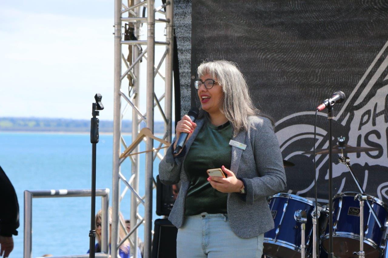 Bass Coast Deputy Mayor Cr Leticia Laing welcomes the motorcycle riders to Bass Coast at the Cowes' Blessing of the Bikes.