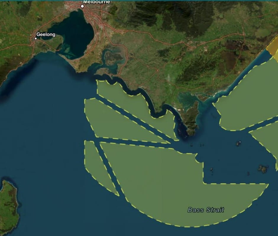 This is the old map of possible offshore wind turbine development zones with those locations close to the South Gippsland and Bass Coast excluded for now.