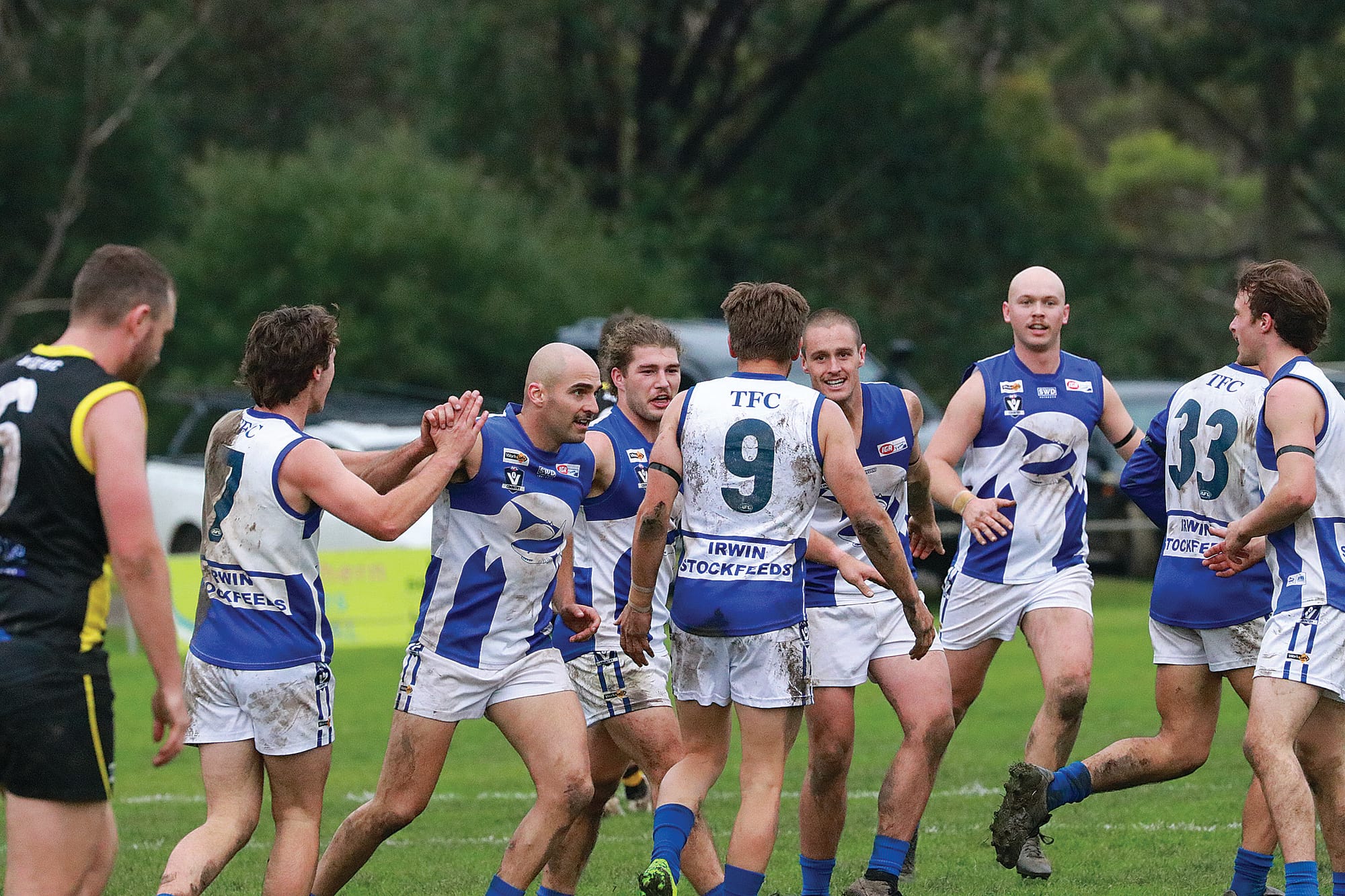 Daniel Houston celebrates a goal in the third quarter to keep the lead against Mirboo North. Z28_2323 
