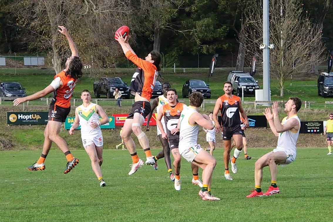 Tyler Newton marks the ball for Korumburra-Bena.
