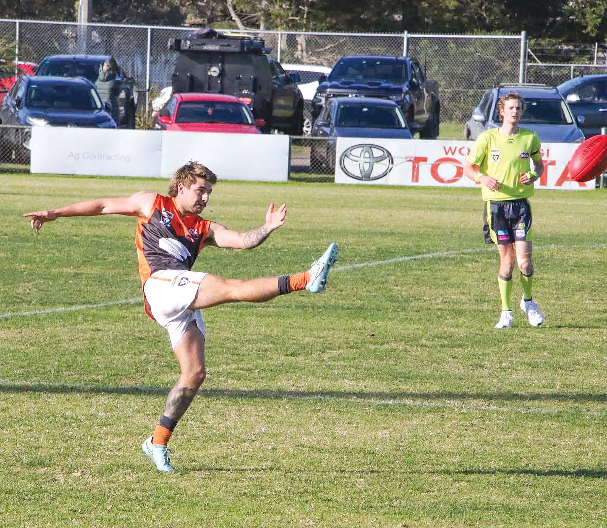 Bailey Nation boots the ball down the middle for the Giants.