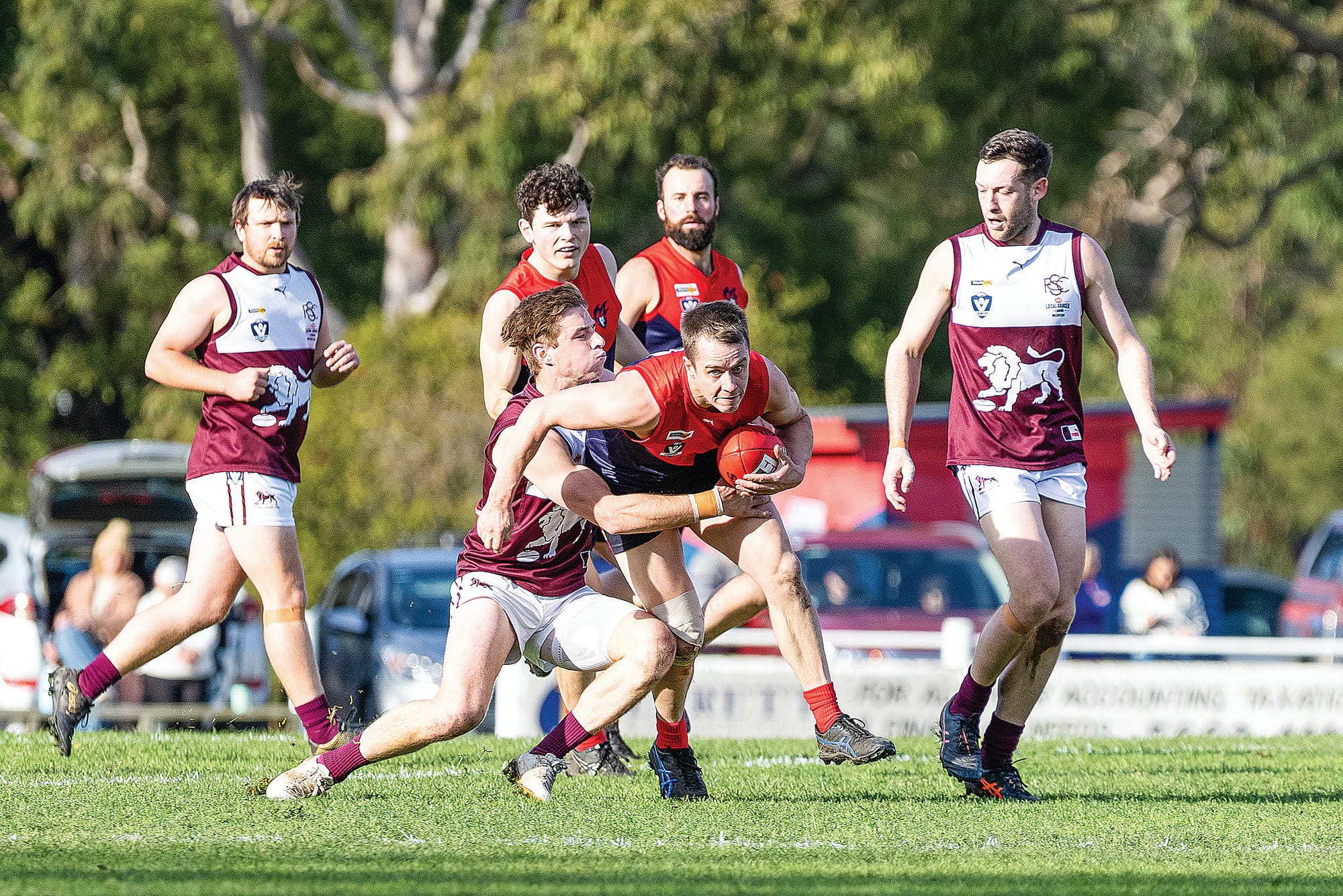 MDU’s Jess Hickey attempts to break free of a tackle from his Stony Creek opponent on Saturday. Photo: Bec Casey Sports Photography.