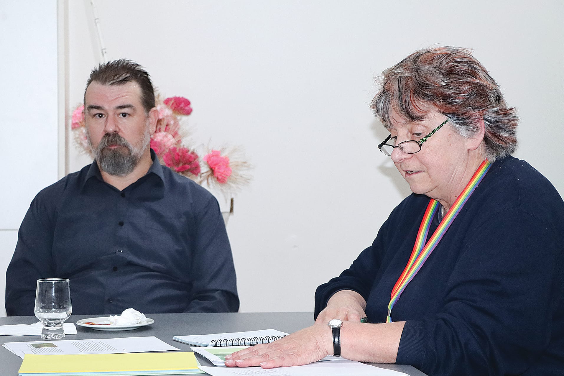Councillor and Nyora resident Mick Felton and South Gippsland Shire Council community strengthening officer Barbara Look focus on the Nyora Community Plan session. A08_2123