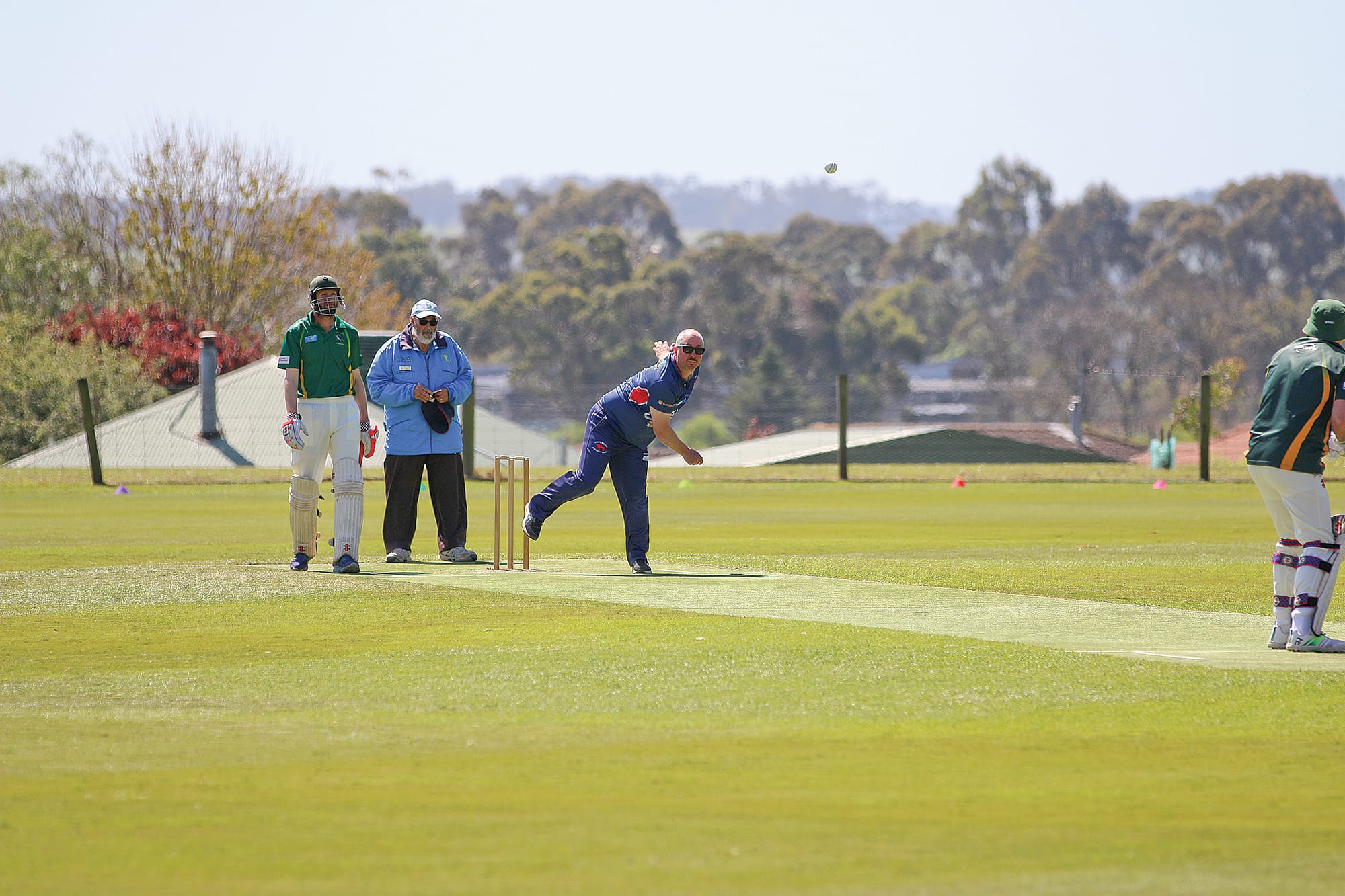 Imperials bowler Andrew Meyer sends a delivery to Leongatha Town batsman Alex Aeschlimann.