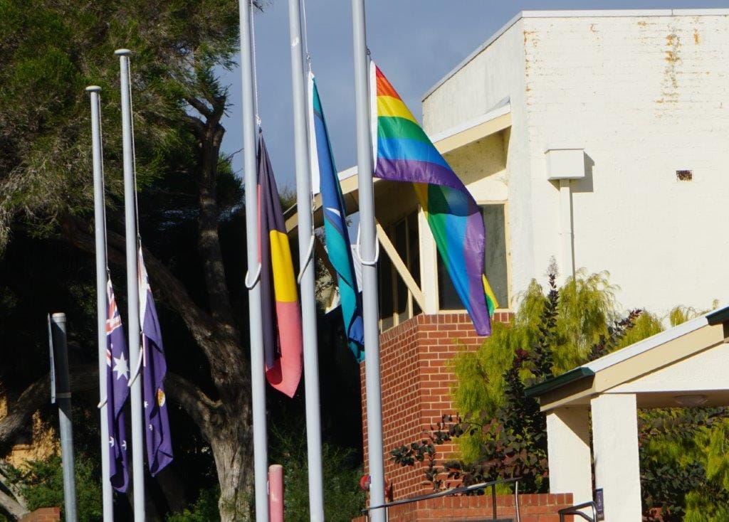 Both the Bass Coast (above) and the South Gippsland shire councils had the Rainbow Flag flying on Wednesday for IDAHOBIT Day and half mast for the State Funeral for the Hon Tony Staley.