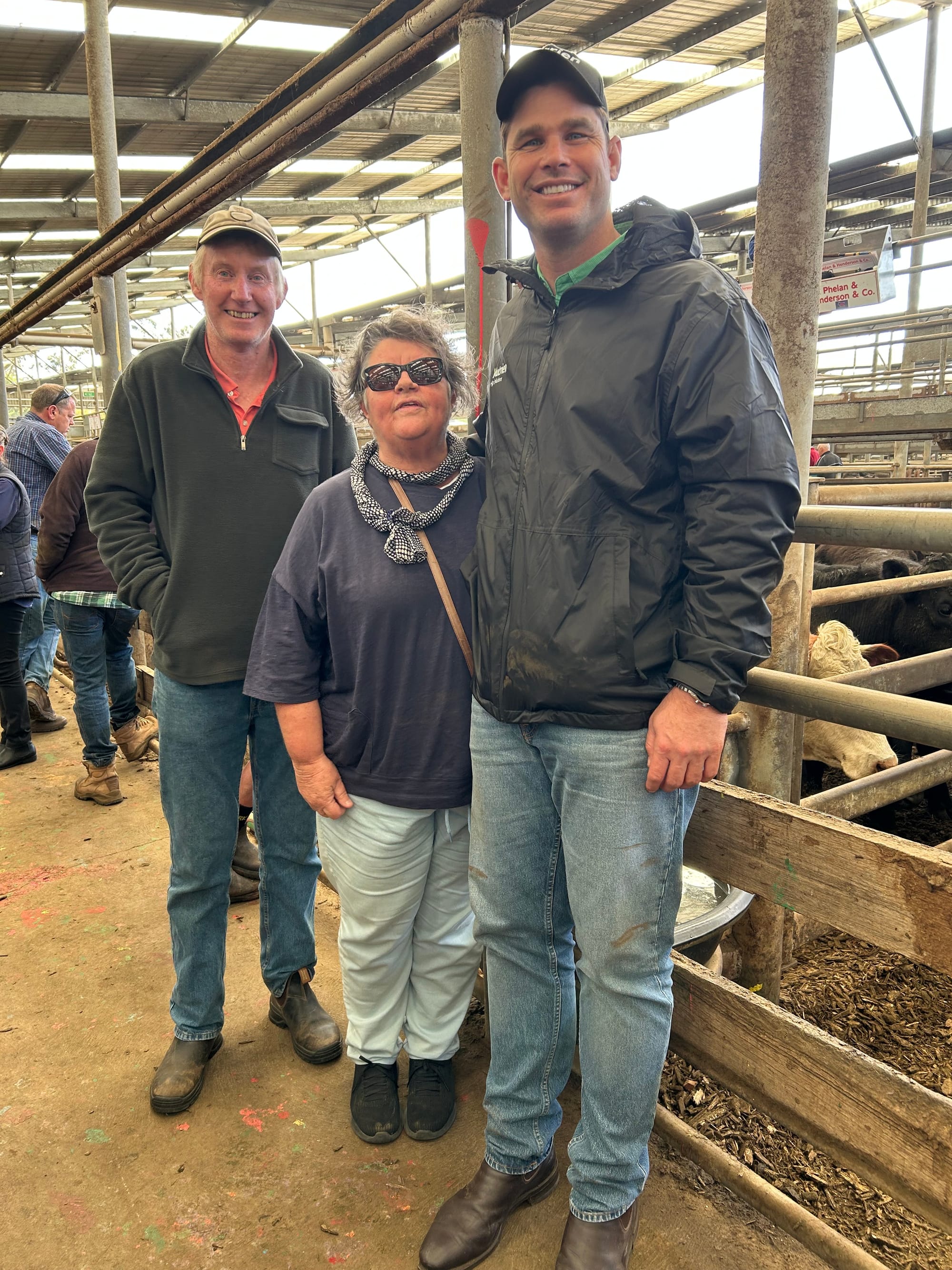 Berrys Creek locals and avid Geelong supporters Reg and Rose Richter came for a visit and to show their support, and are joined by former star Cats forward and now Nutrien stock agent Tom Hawkins.