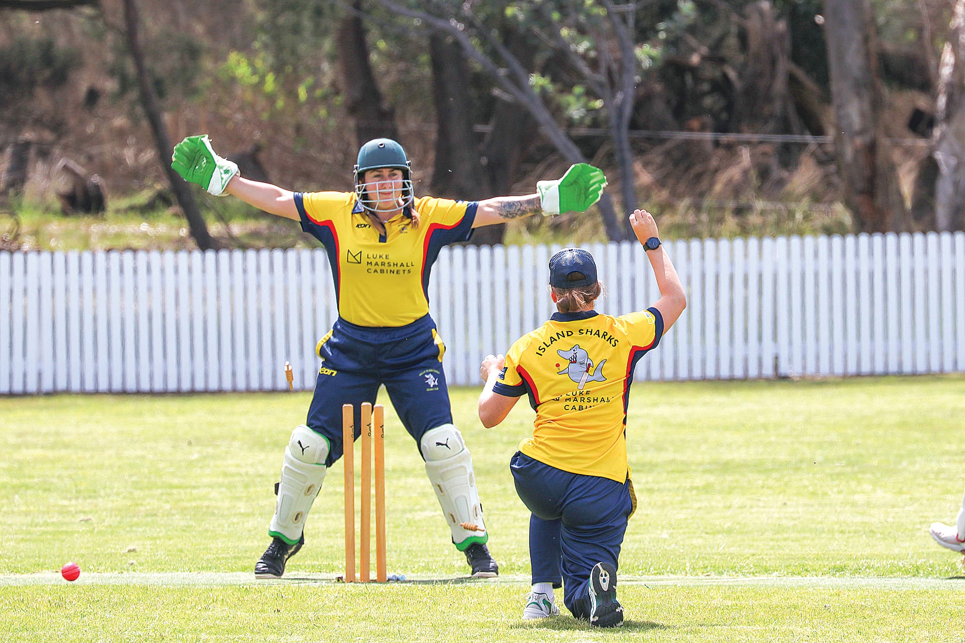 Phillip Island celebrate taking a wicket against Wonthaggi at Rhyll. Z42_4424