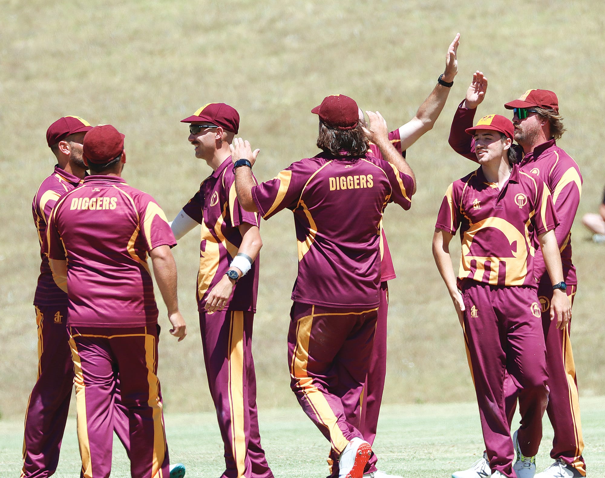 OMK players celebrate after Peter Dell dismissed Tim Wightman of Nerrena for 18. A23_0425