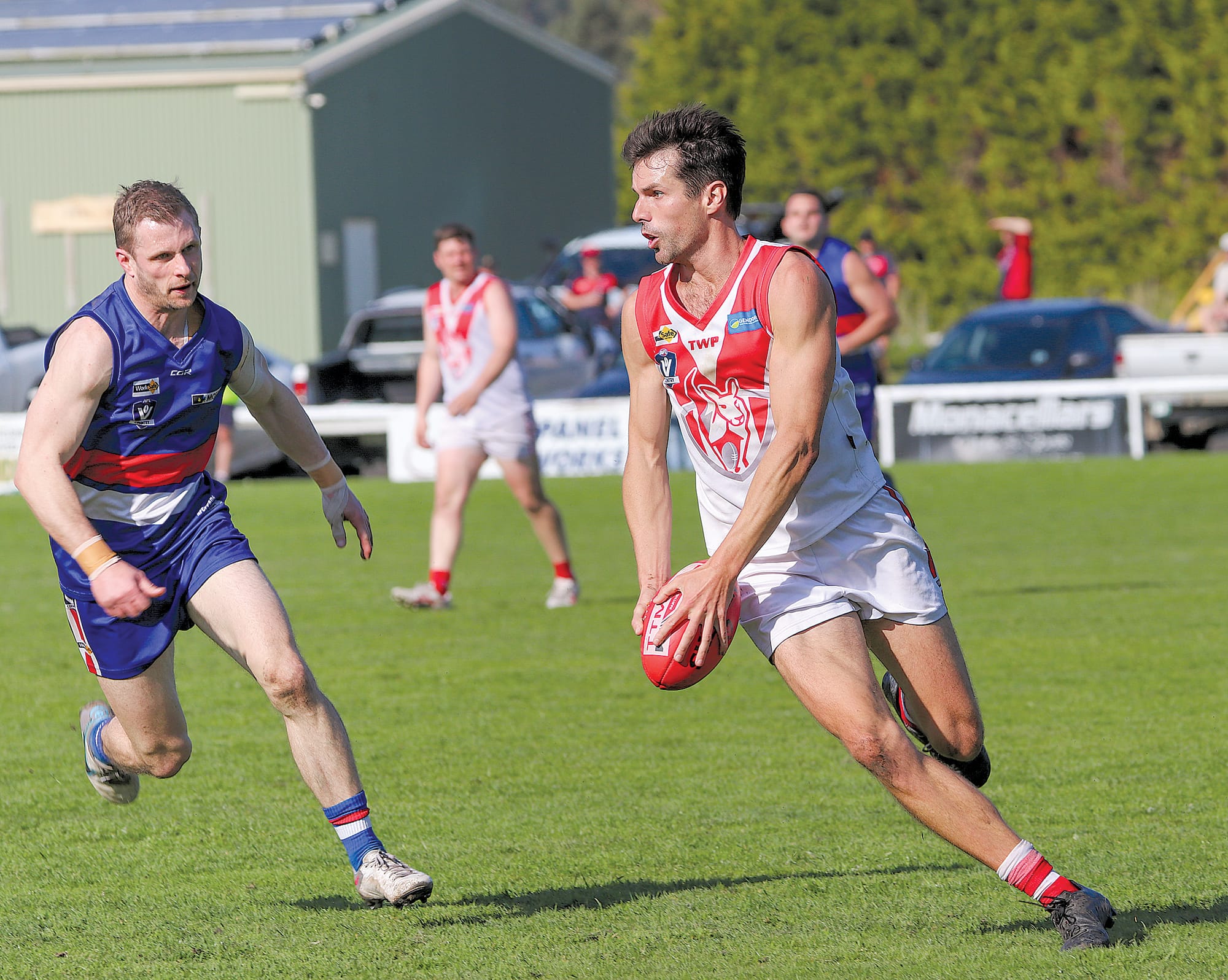 Blaine Coates takes a contested mark in the qualifying final against Newborough. Z15_3623 