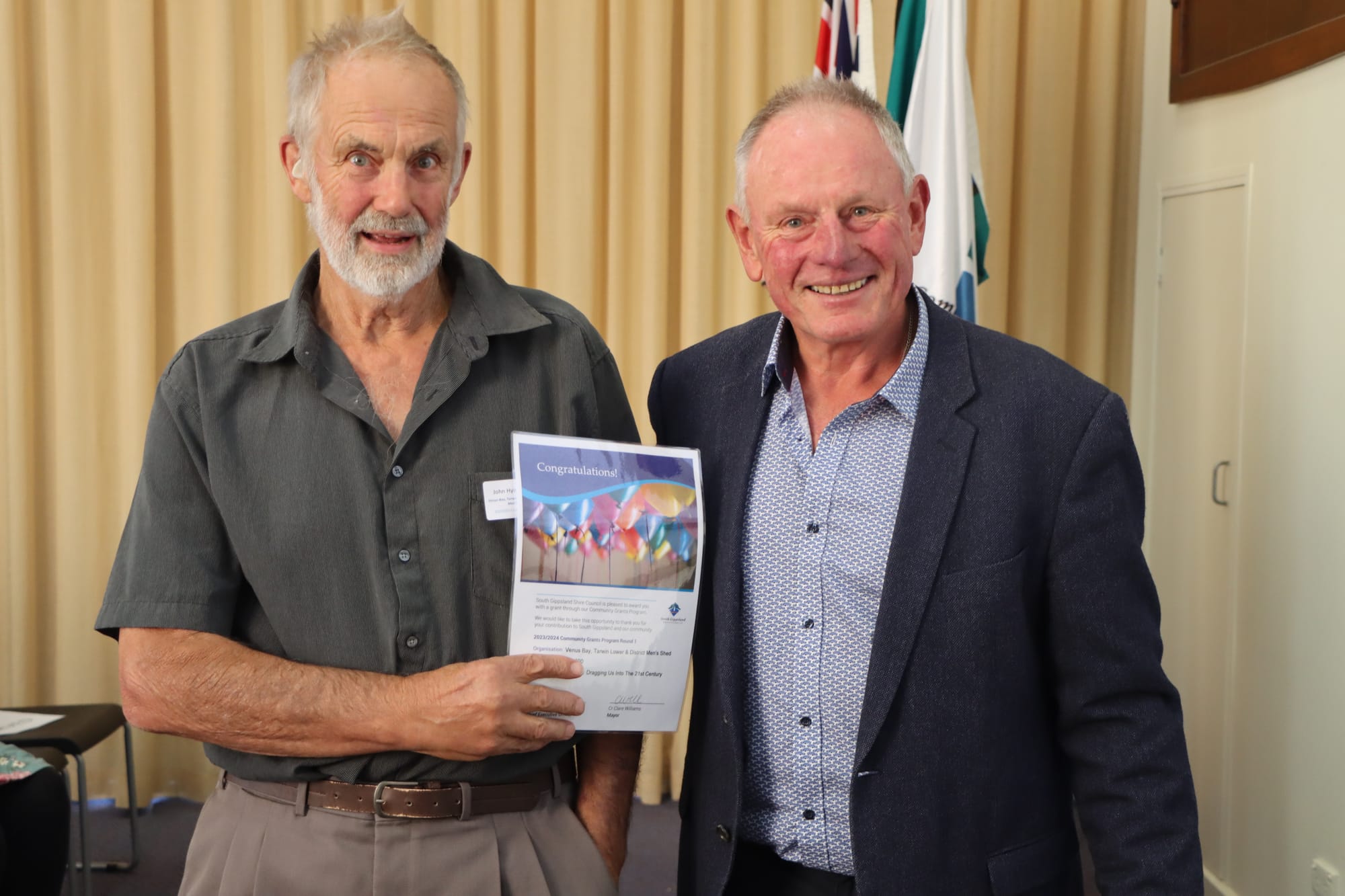 John Hyett of Venus Bay, Tarwin Lower & District Men's Shed with Cr John Schelling.