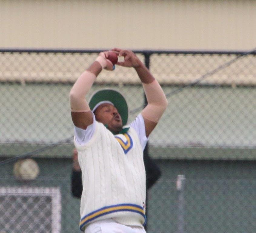 Pandura Jayasinghe hangs on to this outfield catch to put Leongatha Town into the grand final.