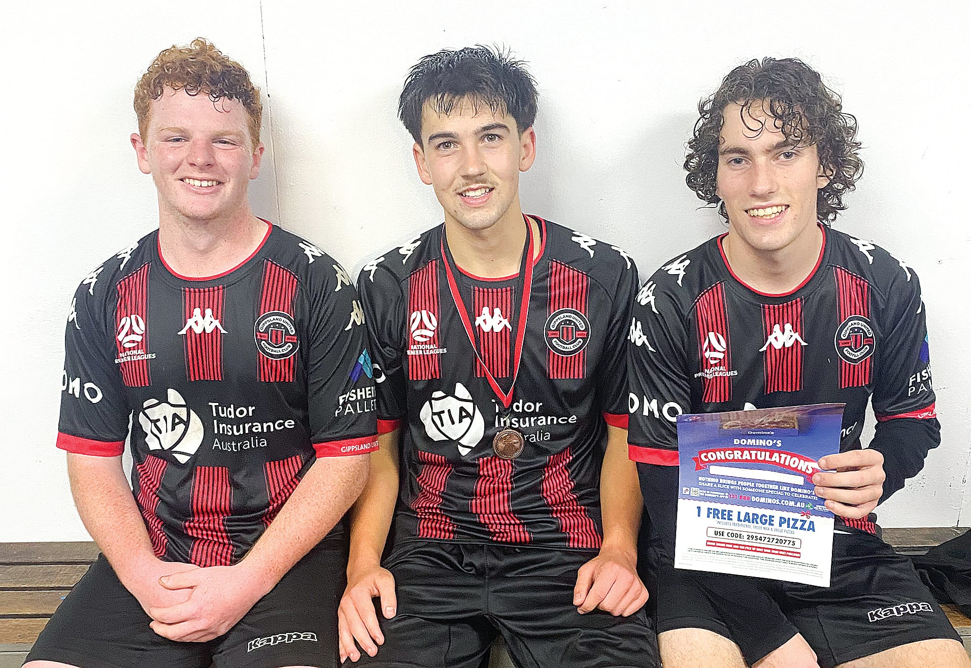 Gippsland United U18’s NPL. From left, Best on Ground players, Lucas Vic (one vote), Luca Dicorleto Best on Ground Medallist (three votes) and Adam Dean (two votes – Domino’s Pizza award).