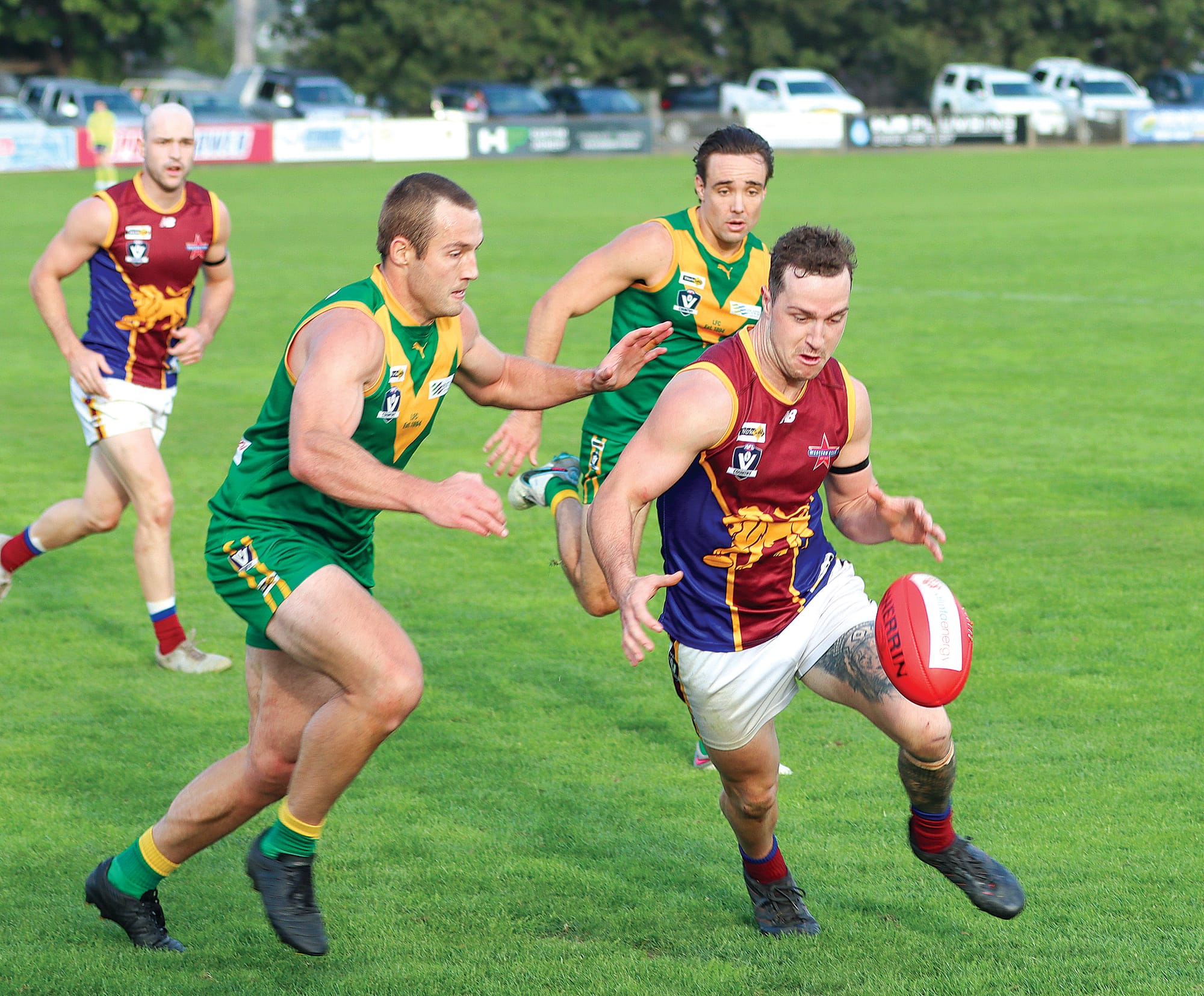 Leongatha skipper Tom Marriott pursues Trent Baldi who was named Moe’s best. A38_1825