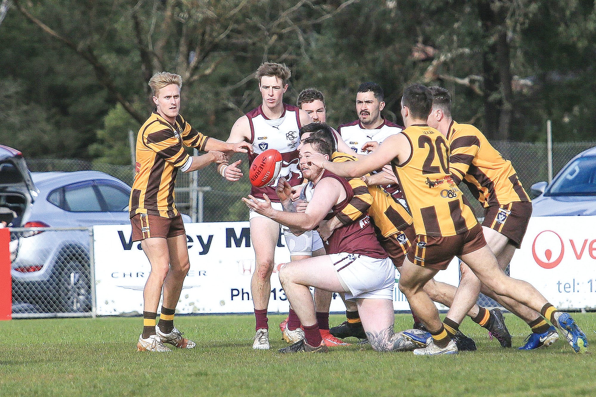 The Lions player is surrounded by a pride of Morwell Tigers but didn’t succumb, ultimately coming away with a 12 point win
