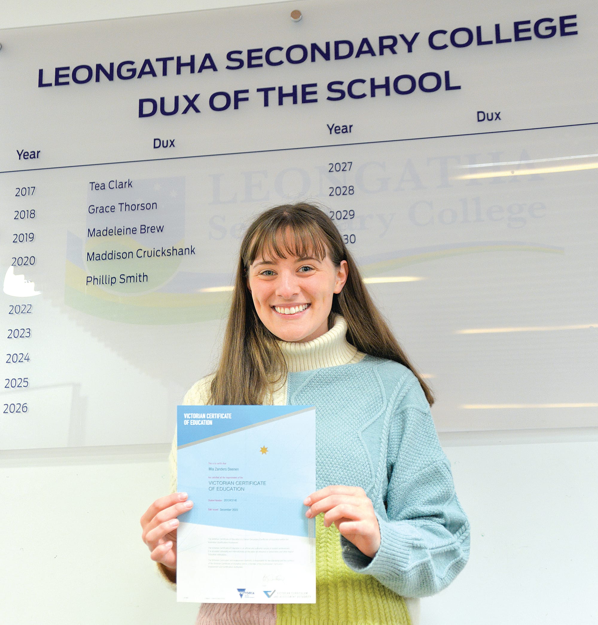 Mia Deenen was Leongatha Secondary College’s 2022 DUX and achieved an incredible ATAR of 91.6.