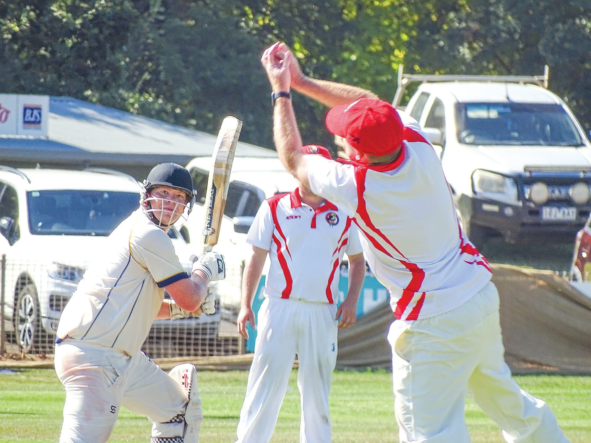 Jason Kennedy bats strong, with a catch from Jarrod Hoy. Photo: Jodie Arnup.