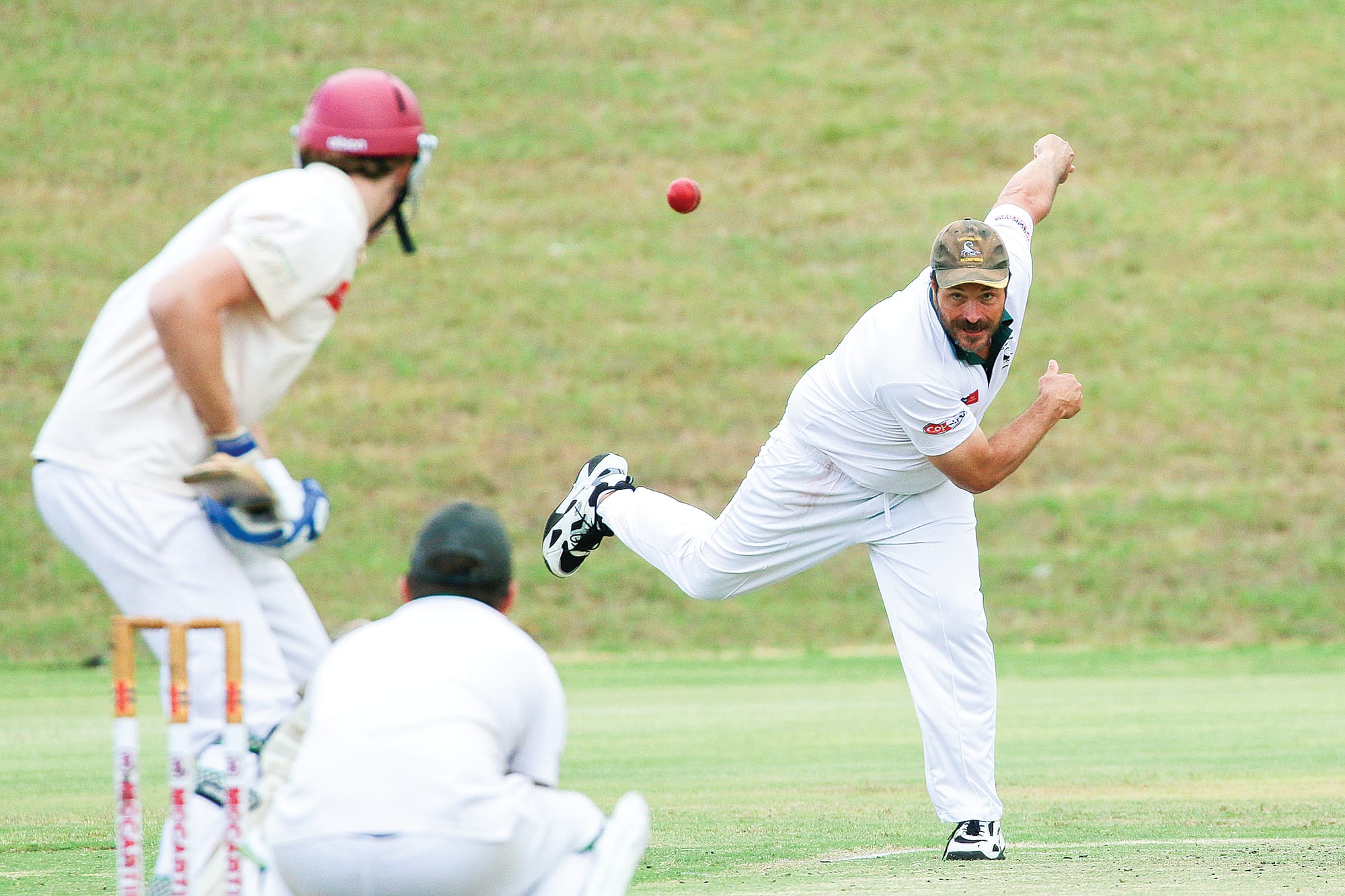 Leongatha Town bowler Rory Gilliatte sends one down to Imperials batsman Lucas Anderson in the B2 match. Tk07_0725