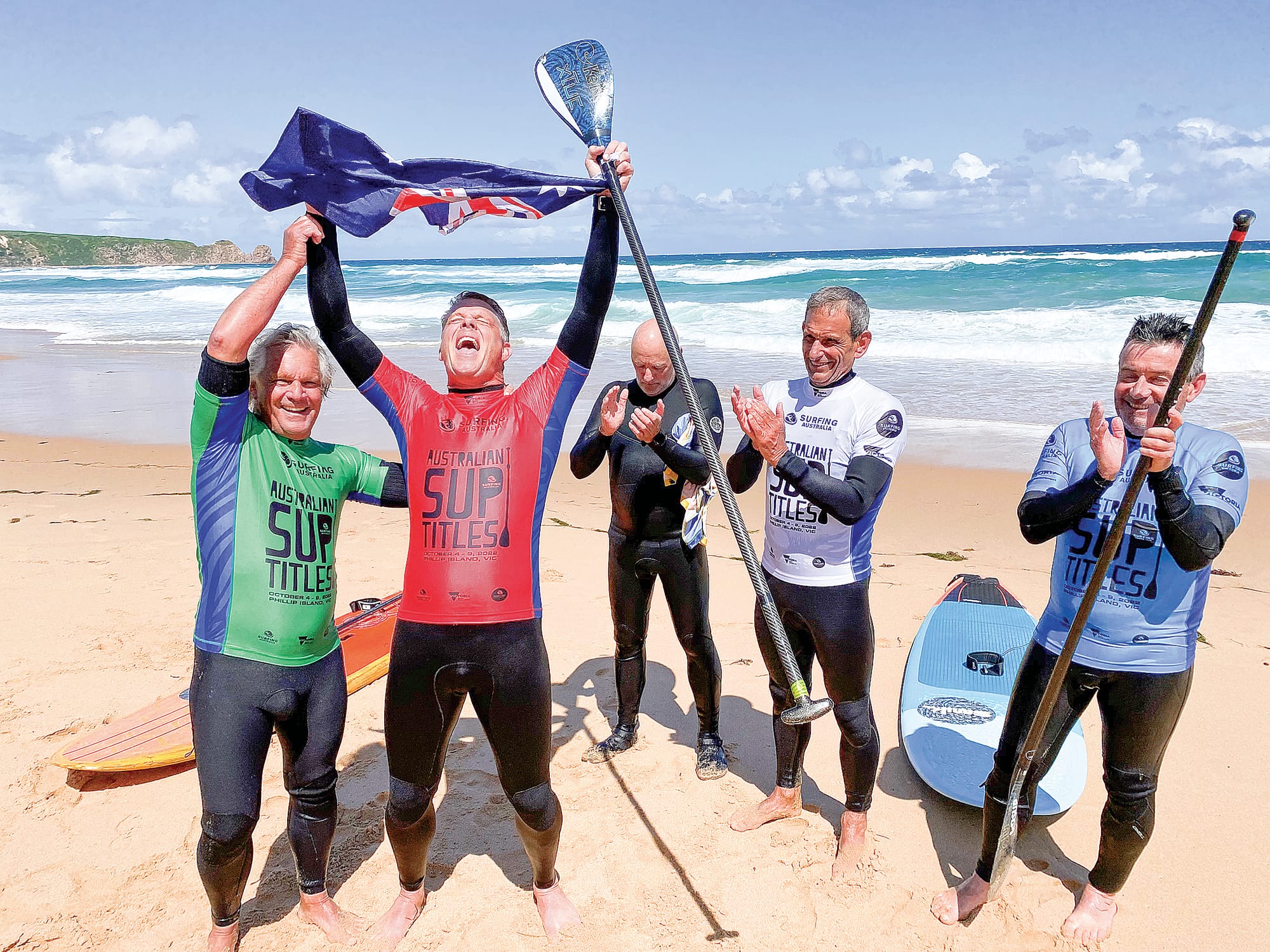 Over 50s winner Andrew Cassidy NSW is congratulated by fellow competitors Crawford Olney WA, Damien Quinlan VIC, John Takle VIC and Michael Jenkins VIC after a tough final.