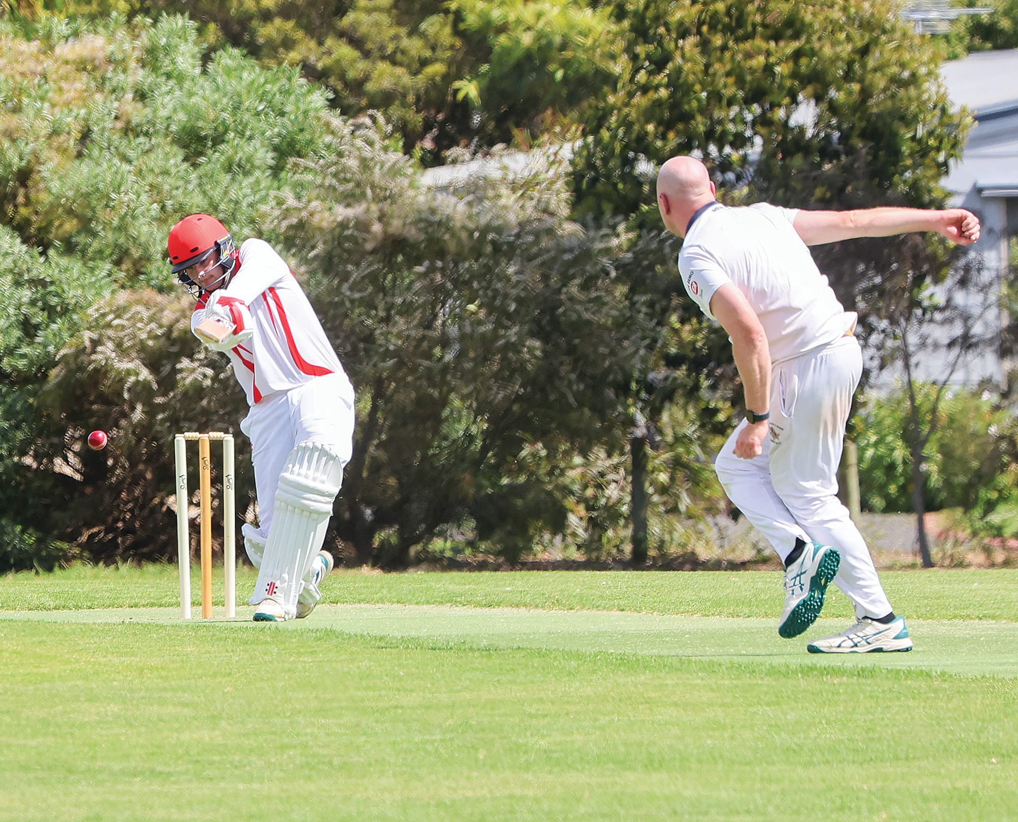 After getting the initial breakthrough, Phillip Island’s Max Royal continued to press the Nerrena bats including Darcy Berryman.
