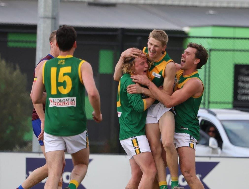 'Get around him!' First gamer for Leongatha, Finn Donohue celebrates his first goal in the second quarter against Moe on Saturday. 
