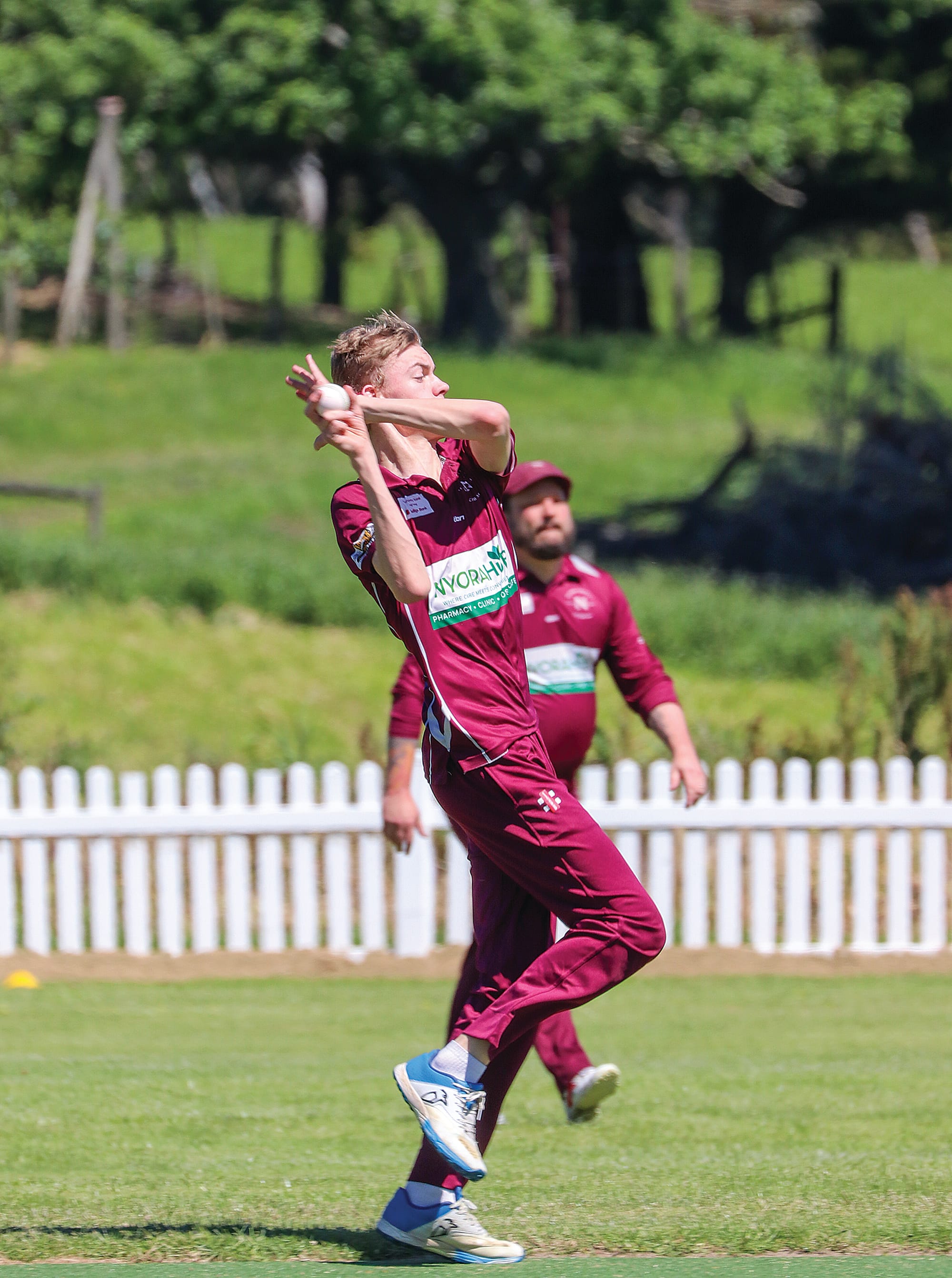 Nyora’s Tyler Perkins takes eight overs and three wickets in round four against Glen Alvie. Z41_4424 