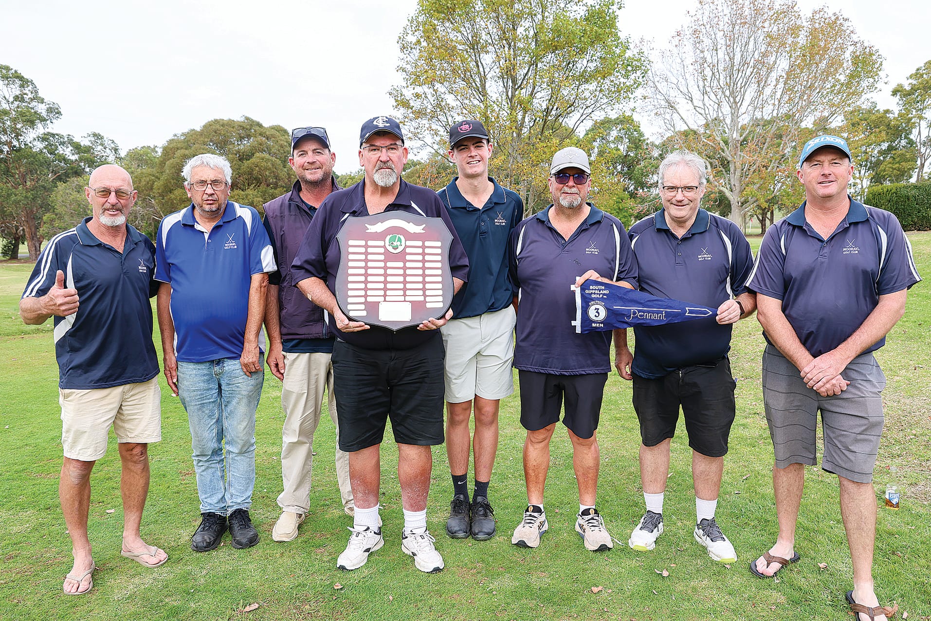 Winners of the South Gippsland District Golf Association Division Three Pennant was Woorayl, from left, Jim Newton, Anthony Cleeman, Paul McRae, Gary Young (c), Fletcher McLennan, Tom Ryan, Mark Carruthers and Craig Gourlay.