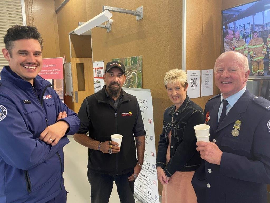 Bunurong Land Council representative Mark Brown, second left, performed the ‘Welcome to Country’ at the opening of the Phillip Island Fire Station, having a cuppa withKyle Wood, Marion Hayes and Paul Hayes afterwards.