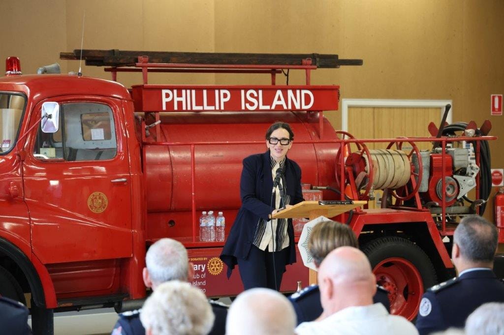 Bass MP Jordan Crugnale speaks at the opening of Phillip Island’s new fire station last Saturday.