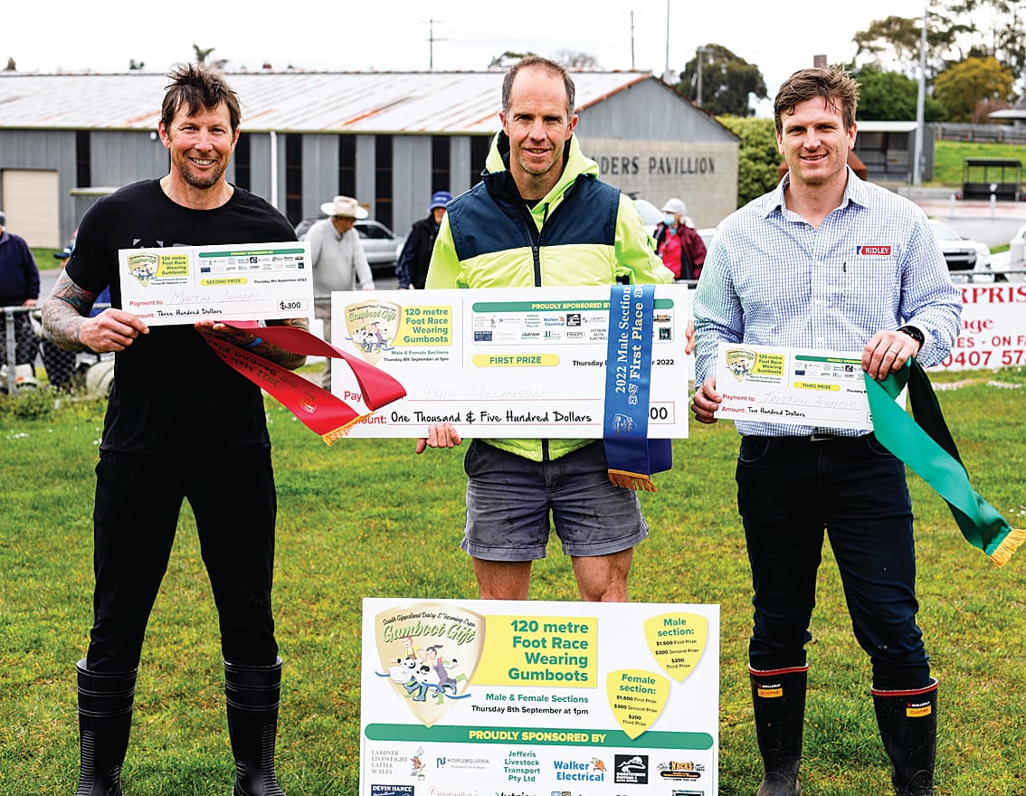 Winner of the men’s Gumboot Gift Craig Rollinson is flanked by second-placed Marty Lamers and Tristan Francis who came third.