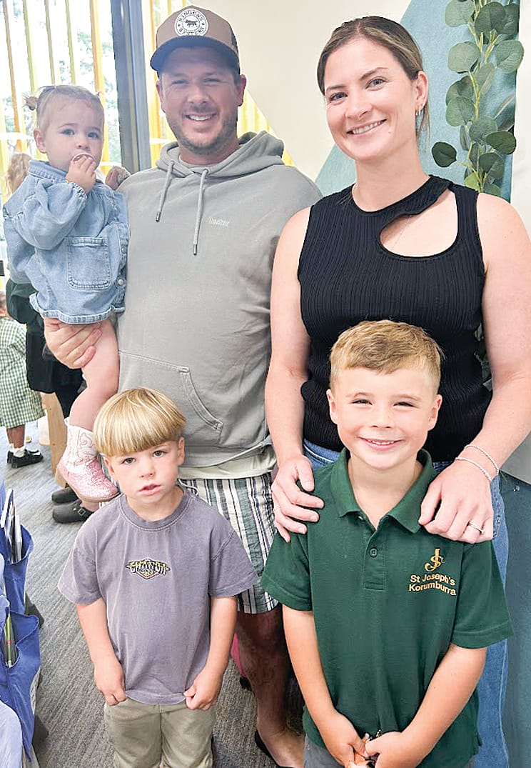 Laine started his first day of school accompanied by his whole family with his mum, Brittney, dad, Mitch, brother, Arlo and sister, Dixie, at St. Joseph’s Primary School, Korumburra. 