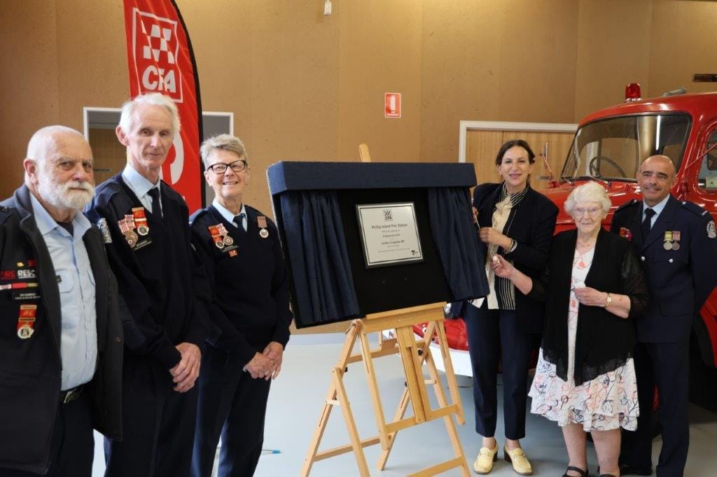Tribute was paid to the leadership of former members of the Phillip Island Fire Brigade at the new fire station opening including, from left, life members Roy Champion, Roy Johnston, Sue Waterton and June Murdoch with PICFA Captain Lino Drazzi and Bass MP Jordan Crugnale.