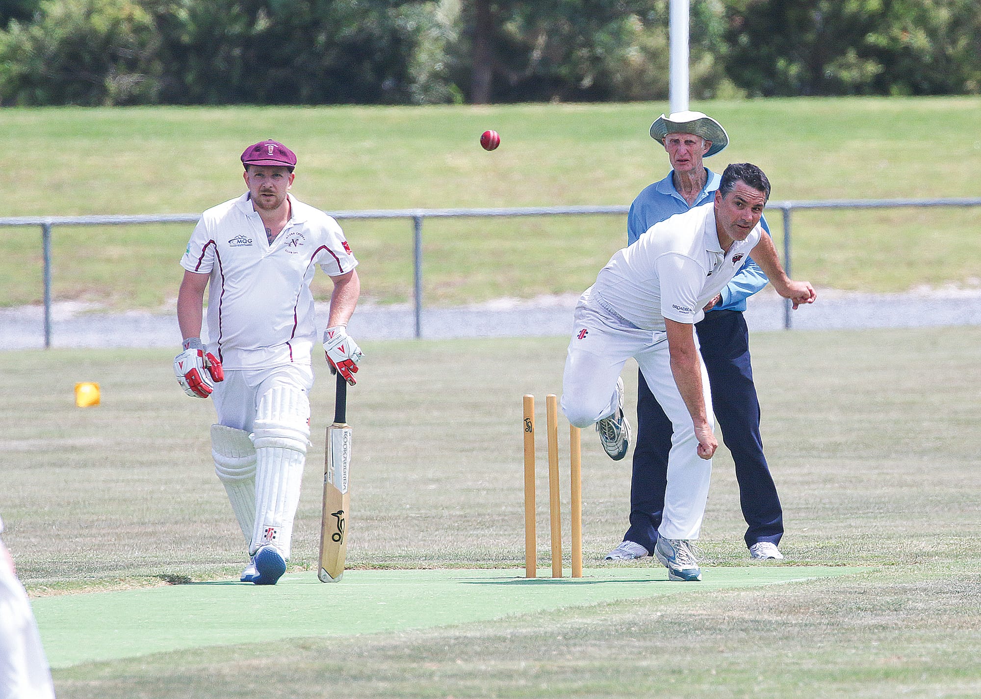 Inverloch’s Christian Terlich sends a delivery to the Nyora batsman at the Inverloch Recreation Reserve.
