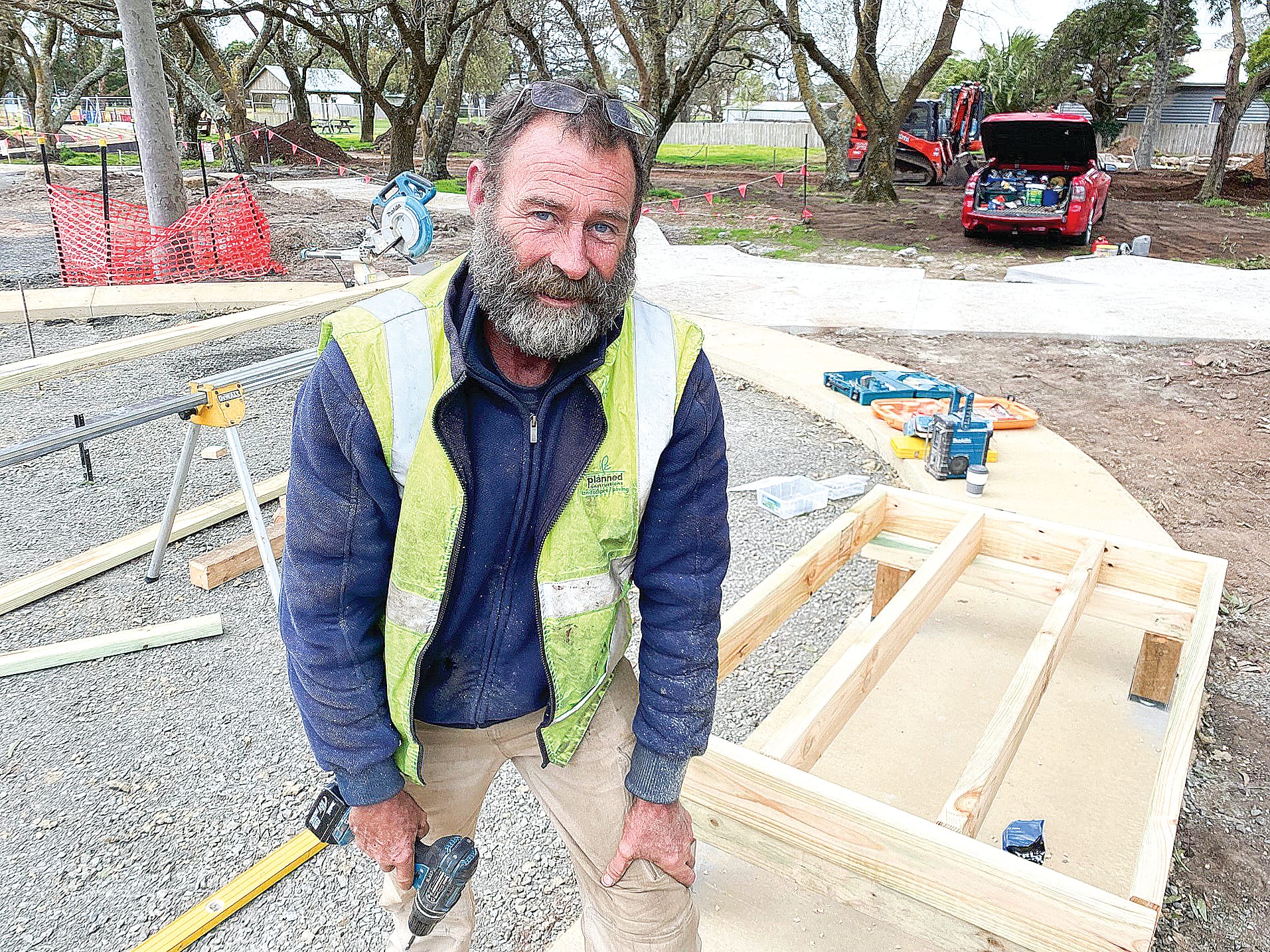 The Wonthaggi Guide Park Playspace is taking shape thanks to the efforts of construction manager Dave Young and others.