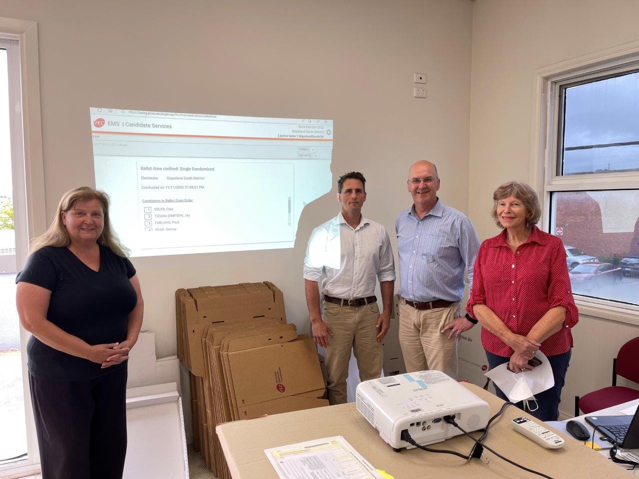 Among those at the Gippsland South ballot draw were, from left, Angela Newnham (Freedom Party), Clay Esler (Independent), Danny O’Brien (The Nationals), and Denise Ryan (ALP). 