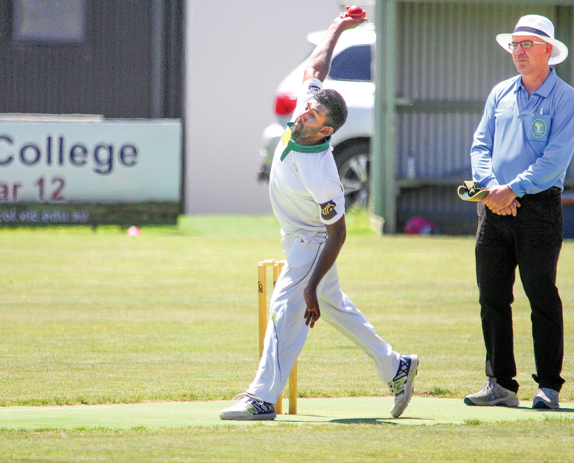 Town spinner Madura Madusanka bowls in his side’s 34-run win over Phillip Island. 