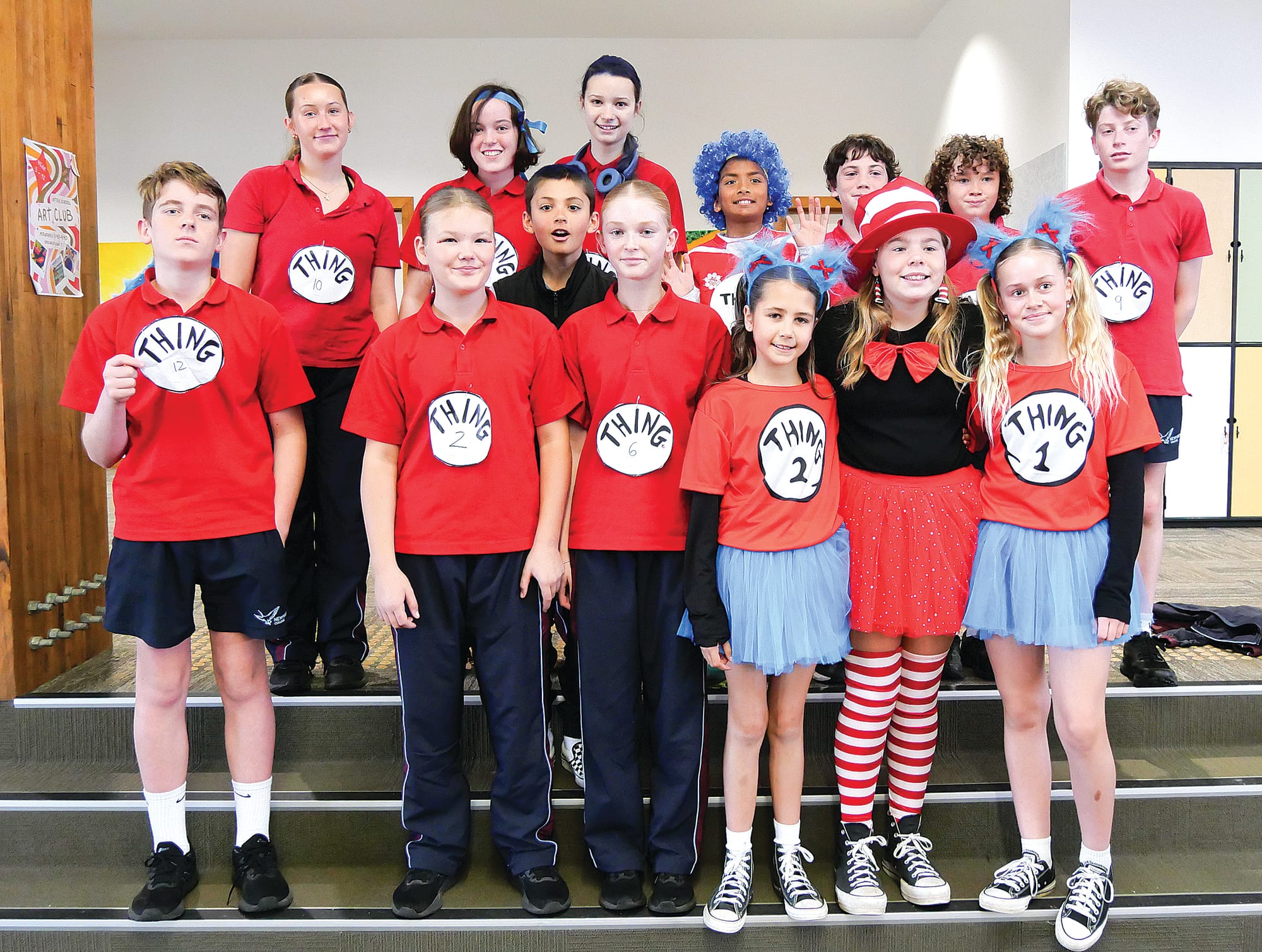 Many of the Middle School students came as Things by Dr Seuss! Back, from left, Millie Thom, Abigail Simpson, Scarlette Hill, Levi Sylvio, Magnus Bathgate, Micah Helps, Miller Micallef. Front, Oliver Morgan, Indiana Eden, Jesse James Skepper, Ruby Mowlam, Chantai May, Ruby Pedersen and Ivy Addison.
