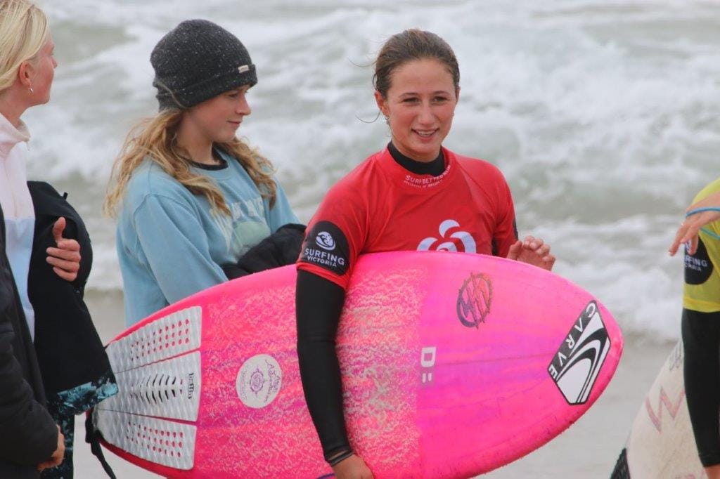 Eva Bassed of Sandy Point won through to the semis in the Under 18 section of the Woolworths Victorian Junior Surfing Titles at Phillip Island on the weekend.