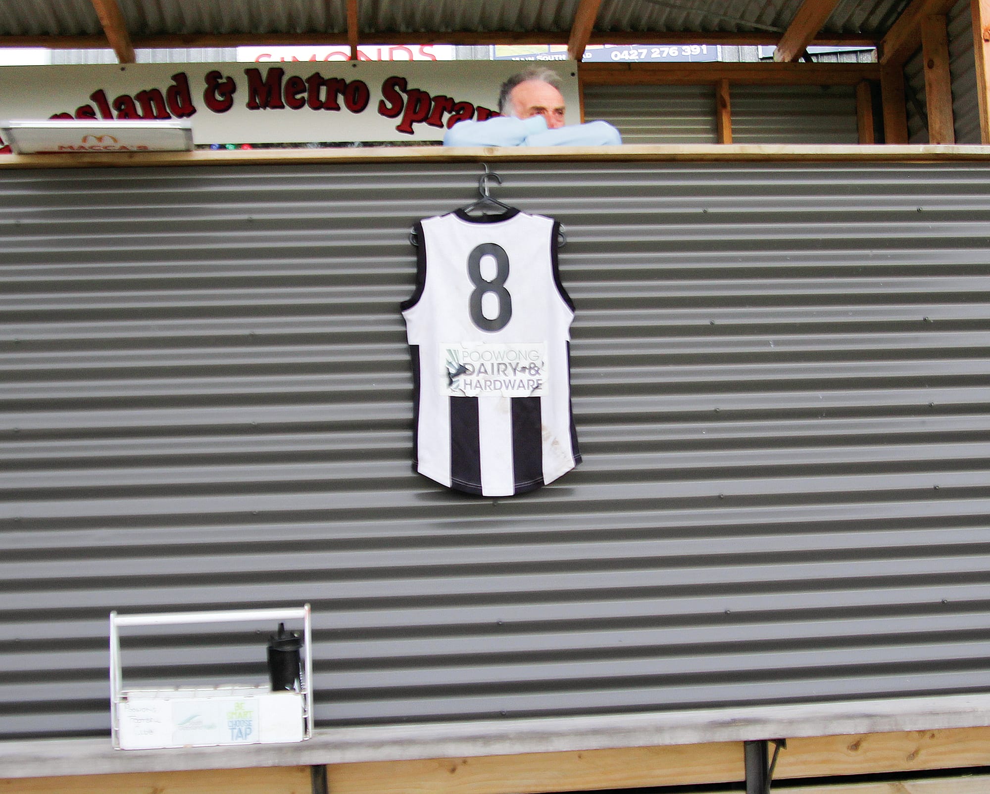 Noah Peacock’s Number 8 guernsey, worn in his first four Poowong Senior games this year was displayed on the coach’s box during Saturday’s tribute game.
